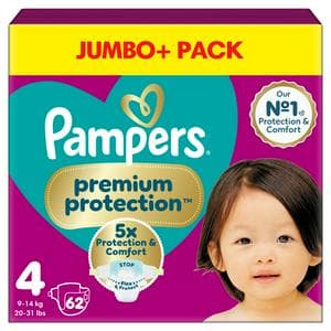 Pampers Premium Protection Jumbo+ Pack Nappies Size 4, 9kg-14kg x62