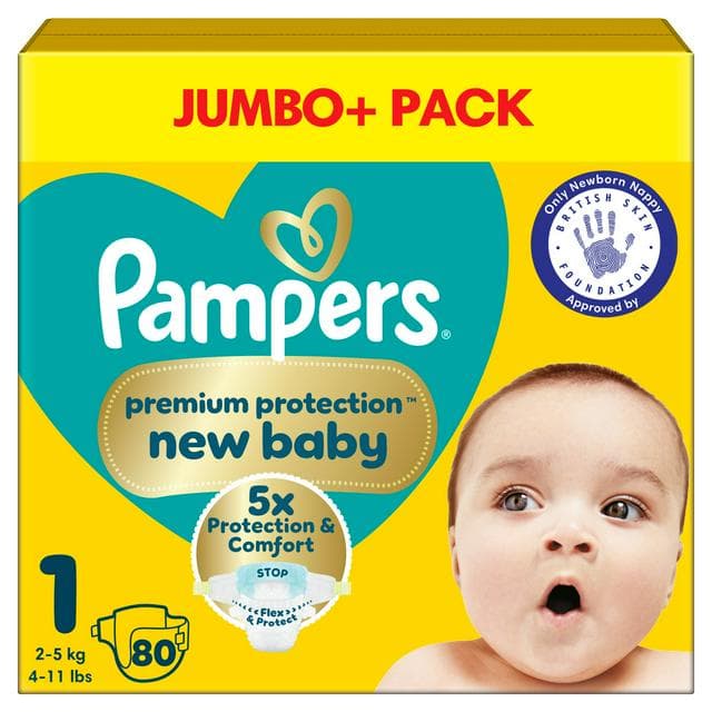 Pampers New Baby Size 1 Jumbo+ Pack, 2kg-5kg 80 Nappies - gallery image 1