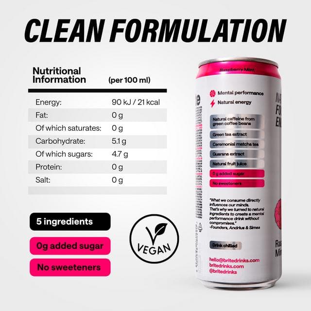 Brite Natural Focus + Energy Sparkling Raspberry Mint 330ml - gallery image 2