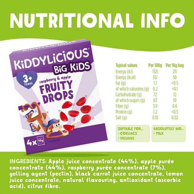 Kiddylicious Raspberry & Apple Fruity Drops Kids Snacks 4x16g - gallery image 3