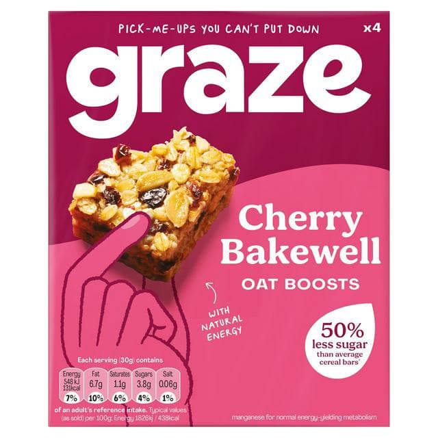 Graze Cherry Bakewell Oat Boost Flapjack Snack Bars 4 x 30g - gallery image 1