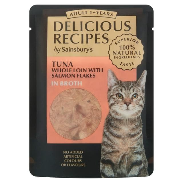 Sainsbury's Delicious Recipes 70g Tuna Whole Loin with Salmon Flakes in Broth Adult 1+ Year Cat Food - gallery image 1