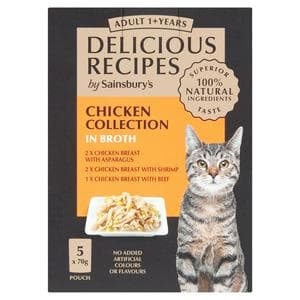 Sainsbury's Delicious Recipes Chicken Collection in Broth 1+ Years Adult Cat Food 5 x 70g