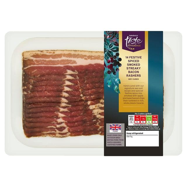 Sainsbury's Festive Spiced Dry Cured Smoked Streaky Bacon Rashers, Taste the Difference x14 220g - gallery image 1