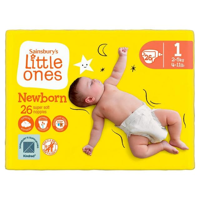 Sainsbury's Little Ones Newborn Super Soft Nappies Size 1, 2kg-5kg 4-11lb x26 - gallery image 1