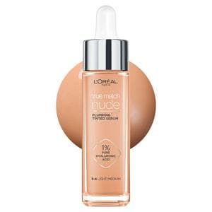 L'Oreal Paris True Match Nude Plumping Tinted Serum, 1% Hyaluronic Acid, Shade 3-4 Light-Medium