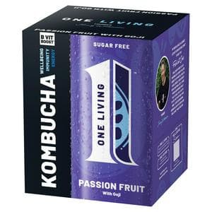 One Living Sugar Free Passion Fruit Kombucha with Goji 4x250ml