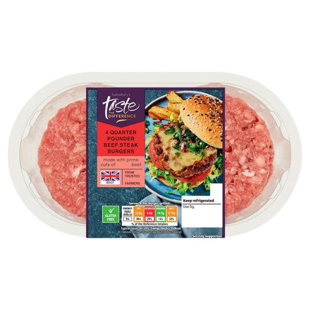 Sainsbury's 4 Quarter Pounder Beef Steak Burgers, Taste the Difference 454g - gallery image 1