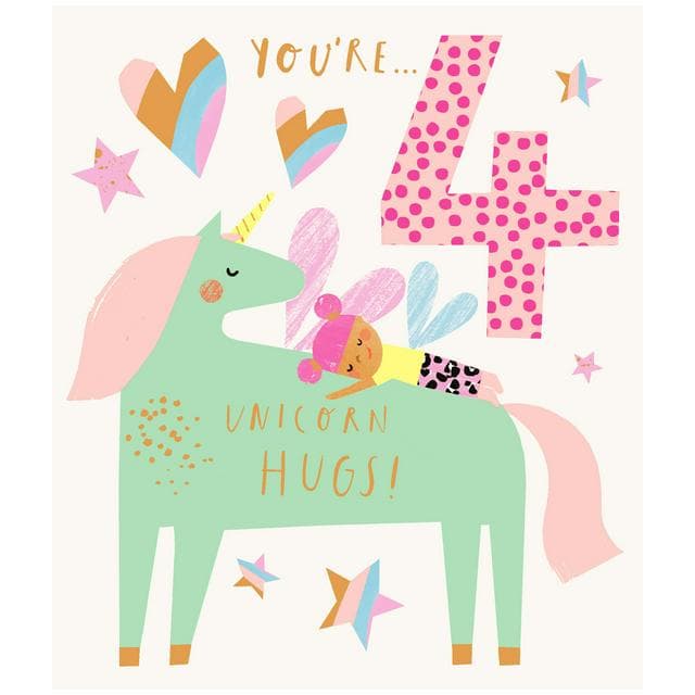 Sainsbury's Unicorn Hugs with Fairy Age 4 Birthday Greeting Card Design - gallery image 1