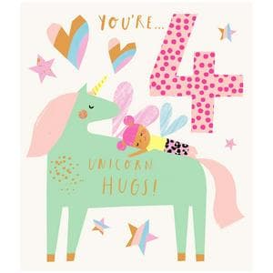 Sainsbury's Unicorn Hugs with Fairy Age 4 Birthday Greeting Card Design