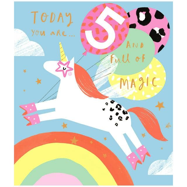 Sainsbury's Unicorn and Balloons Age 5 Birthday Greeting Card Design - gallery image 1