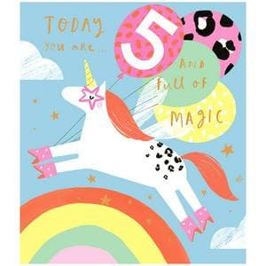 Sainsbury's Unicorn and Balloons Age 5 Birthday Greeting Card Design