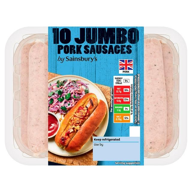 Sainsbury's Jumbo Pork Sausages x10 800g - gallery image 1