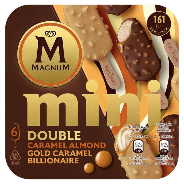 Magnum Mini Double Caramel Almond & Gold Caramel Billionaire Ice Cream Sticks 6x55ml - gallery image 1