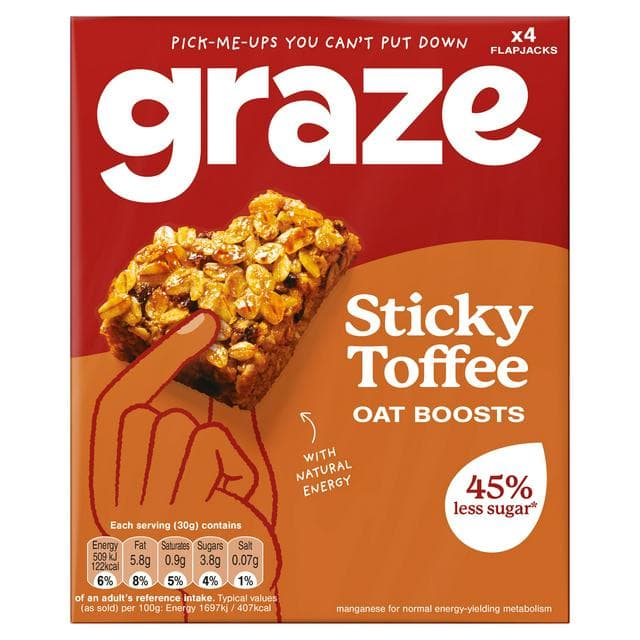 Graze Sticky Toffee Oat Boost Flapjack Snack Bars 4 x 30g - gallery image 1