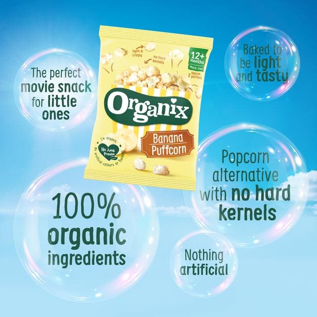 Organix 4 x 10g 12+ Months Strawberry & Apple Baby Popcorn Puffs Multipack Snacks - gallery image 2