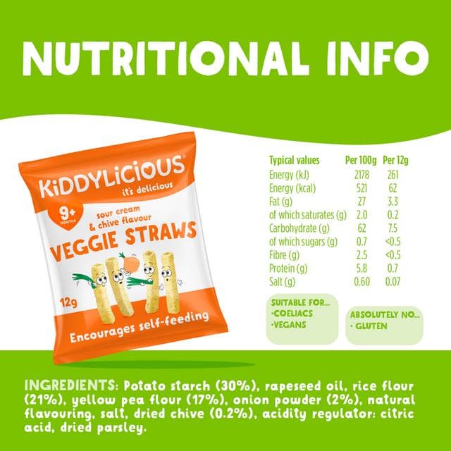 Kiddylicious Sour Cream & Chive Flavoured Veggie Straws Baby Snacks 4x12g - gallery image 3