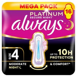 Always Platinum Secure Night Size 4 Sanitary Towels With Wings Pads x16