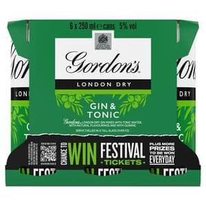 Gordon's London Dry Gin & Tonic Ready To Drink 5% Vol Cans 6x250ml