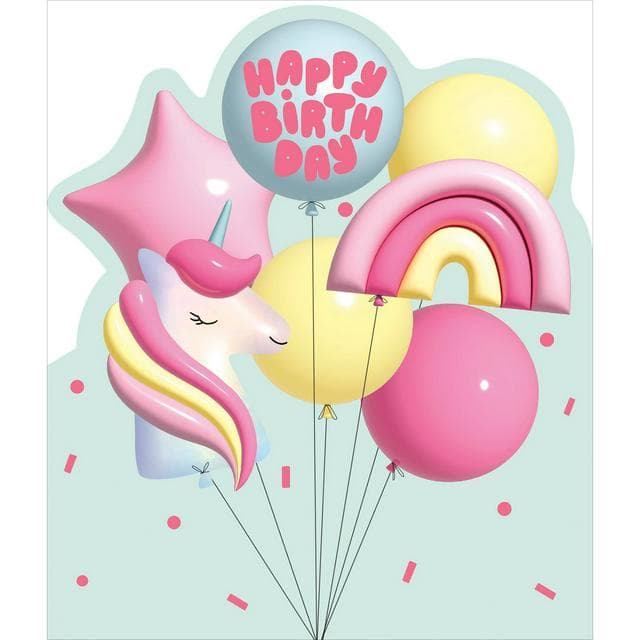 Sainsbury's Happy Birthday Unicorn & Rainbow Pink & Yellow Balloons Juvenile Greeting Card - gallery image 1