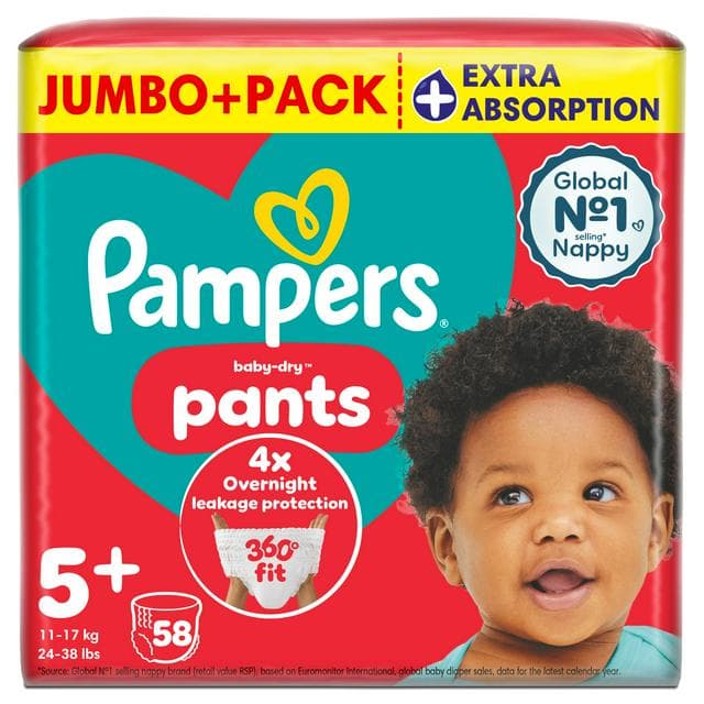 Pampers Baby Dry Nappy Pants Nappies Size 5+, 12kg-17kg x58 - gallery image 1