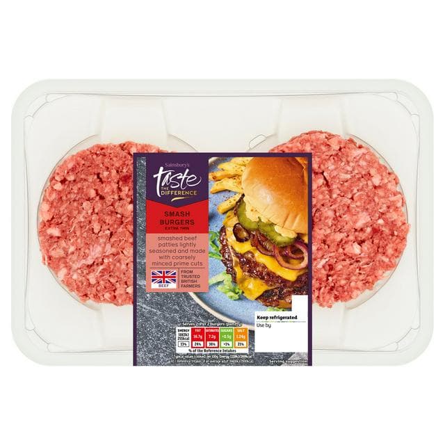 Sainsbury's 4 Extra Thin Lightly Seasoned Smash Burgers, Taste the Difference 340g - gallery image 1