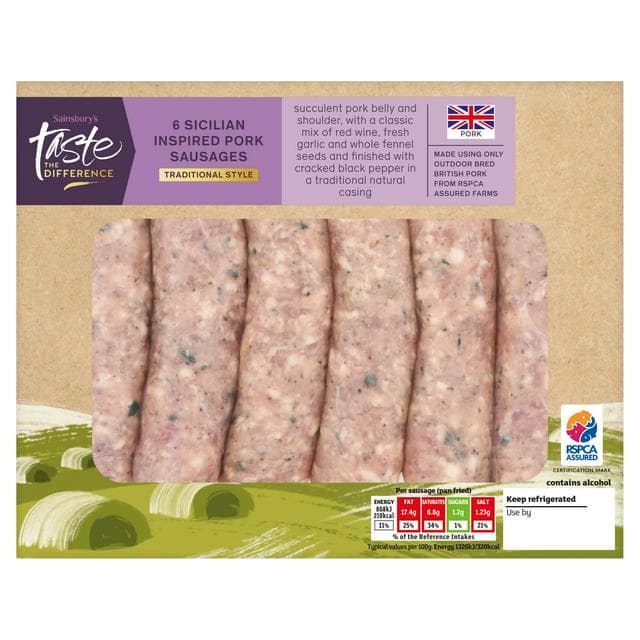 Sainsbury's Traditional Style Sicilian Inspired British Pork Sausages, Taste the Difference x6 454g - gallery image 1