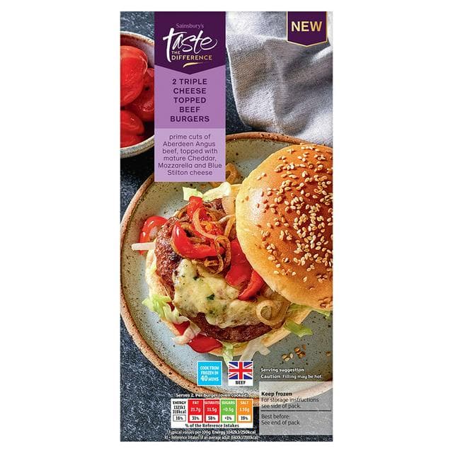 Sainsbury's Triple Cheese Topped Beef Burgers, Taste the Difference x2 322g - gallery image 1
