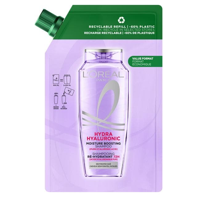 L'Oréal Paris Elvive Hydra Hyaluronic Moisture Boosting Shampoo Refill Pouch 500ml - gallery image 1