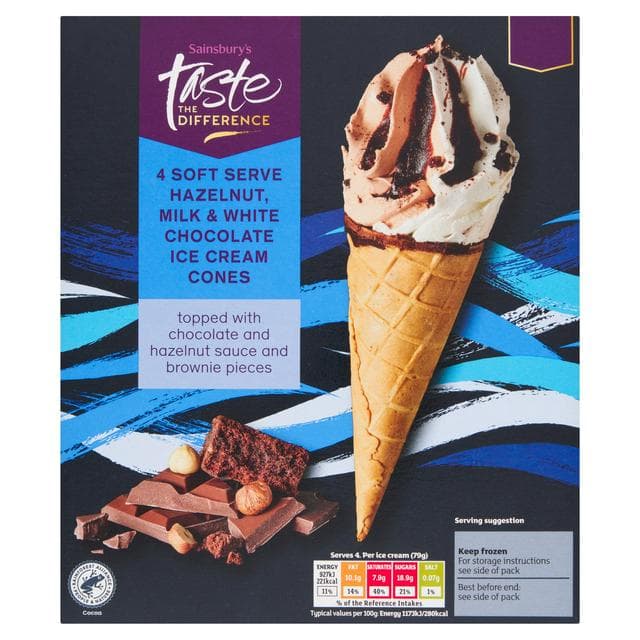 Sainsbury's Hazelnut, Milk & White Chocolate Ice Cream Cones, Taste the Difference x4 316g - gallery image 1