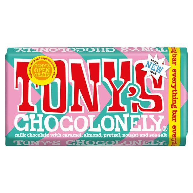 Tony's Chocolonely Milk Chocolate with Caramel, Pretzel, Almond, Nougat & Sea Salt 180g - gallery image 1