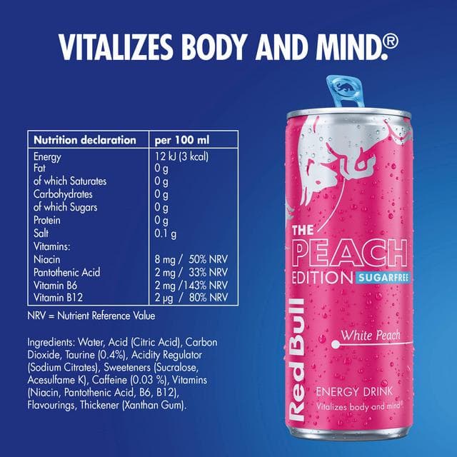 Red Bull Energy Drink Sugar Free White Peach Edition 4 x 250ml - gallery image 3