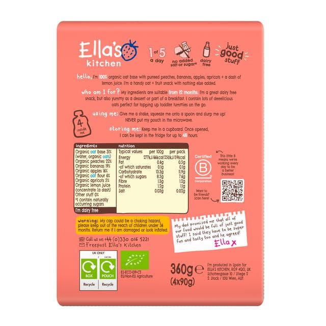 Ella's Kitchen Peach & Banana Oaty Smooshy 4 x 90g - gallery image 2