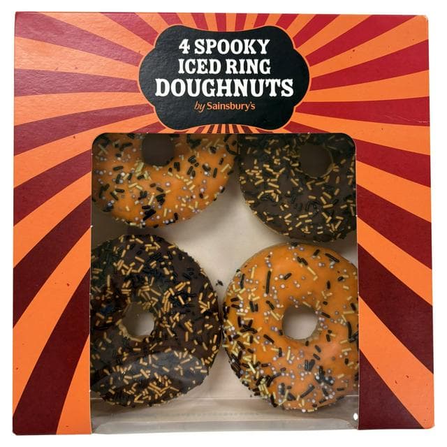 Sainsbury's 4 x Halloween Iced Doughnuts with Coloured Sugar Decorations - gallery image 1