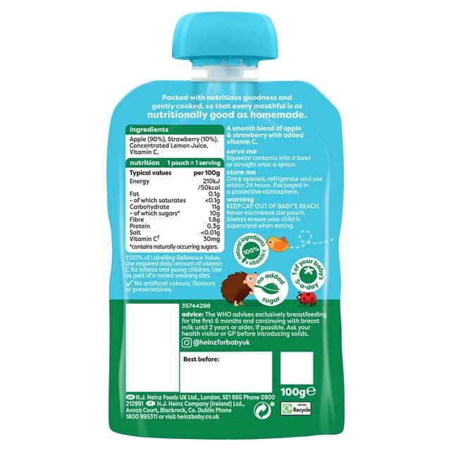 Heinz Apple & Strawberry Baby Food Fruit Puree Pouch 6+ Months 100g - gallery image 2