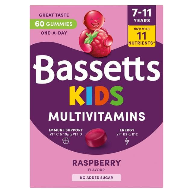 Bassetts 60 x Raspberry Flavour 7 to 11 Years Kids Multivitamin Gummies - gallery image 1