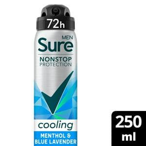 Sure Men 250ml Nonstop Protection Menthol & Blue Lavender Antiperspirant Aerosol Deodorant Spray