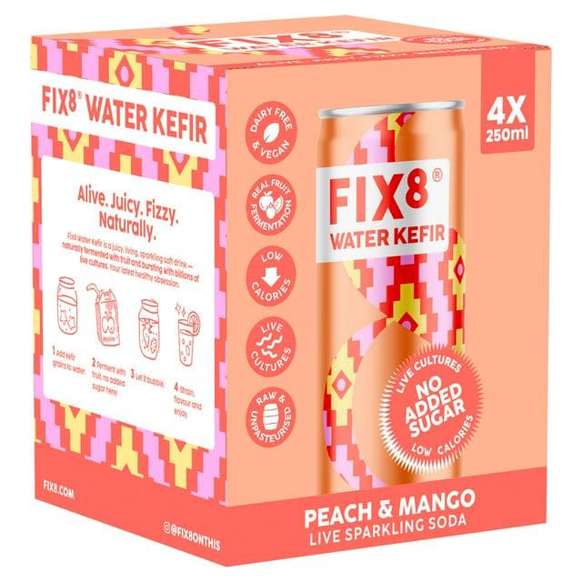 Fix8 Water Kefir Peach & Mango Live Sparkling Soda 4 x 250ml - gallery image 1