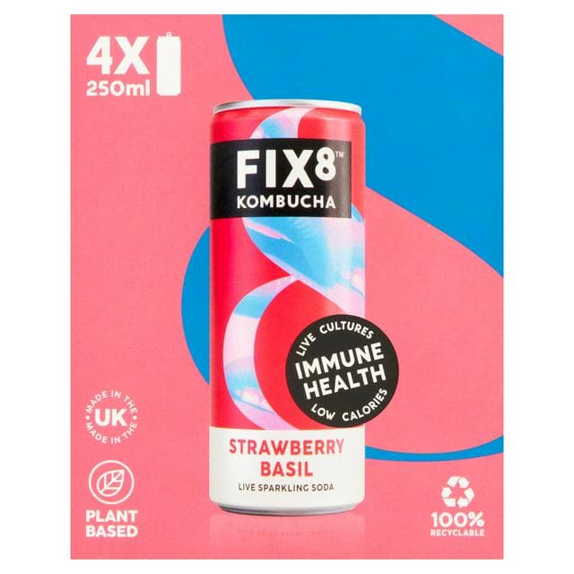 Fix8 Kombucha Strawberry Basil Live Sparkling Soda 4 x 250ml - gallery image 1