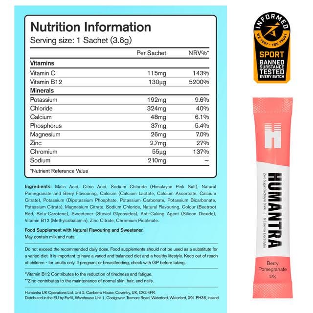 Humantra 6 x 3.6g Berry Pomegranate Zero Sugar Electrolyte Drink Hydration Sachets - gallery image 5