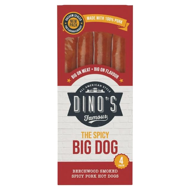 Dino's Famous 4 x 90g Beechwood Smoked Spicy Pork Hot Dogs - gallery image 1