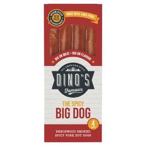 Dino's Famous 4 x 90g Beechwood Smoked Spicy Pork Hot Dogs
