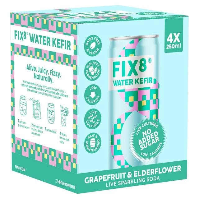 Fix8 Water Kefir Grapefruit & Elderflower Live Sparkling Soda 4 x 250ml - gallery image 1