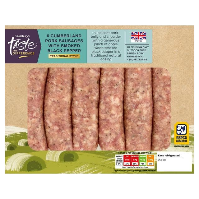 Sainsbury's Taste the Difference 6 Cumberland Pork Sausages with Smoked Black Pepper 454g - gallery image 1