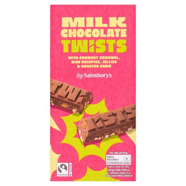 Sainsbury's 140g Milk Chocolate Twists Caramel, Rice Krispies, Jellies & Roasted Corn Chocolate Bar - gallery image 1
