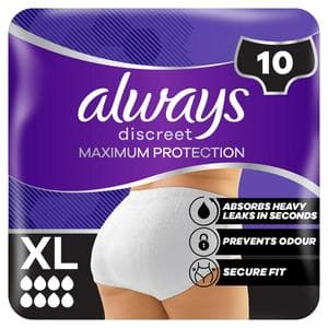 Always Discreet 10 x Size XL Maximum Protection 8 Drops Incontinence Pant