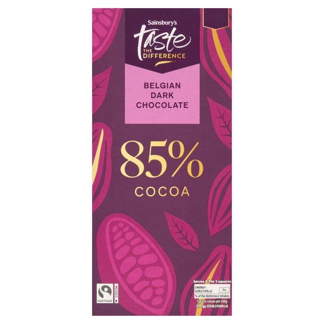 Sainsbury's 100g Cocoa Belgian 85% Dark Chocolate Bar, Taste the Difference - gallery image 1