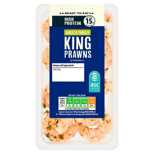 Sainsbury's 90g High Protein Ready to Eat Garlic & Parsley King Prawns - gallery image 1