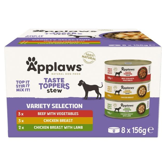 Applaws Taste Toppers 8 x 156g Food Variety Selection in Stew Natural Wet Dog Food Tins - gallery image 1