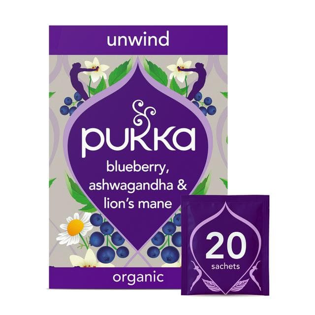 Pukka 20 x Organic Unwind Blueberry, Ashwagandha & Lion's Mane Herbal Tea Bags 32g - gallery image 1